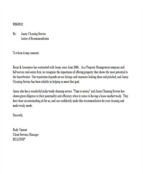 recommendation letter for cleaner samples Reader