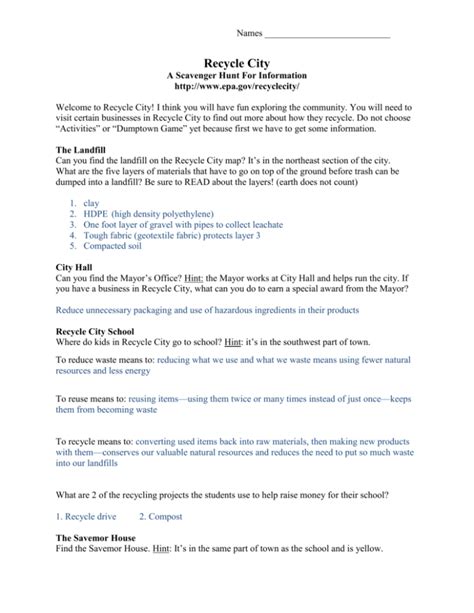 recycle city activity answer key PDF