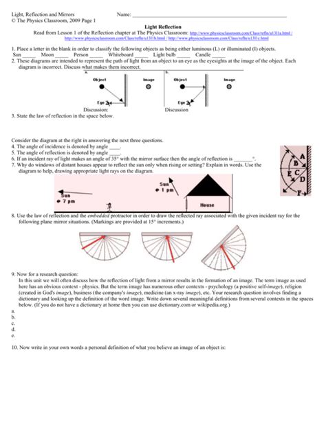 reflection and mirrors answer key PDF