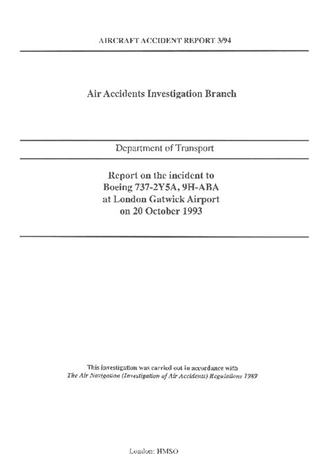 report on the incident to boeing 737 2y5a 95 aba at london gatwick airport on 20 october 1993 aircraft accident Doc