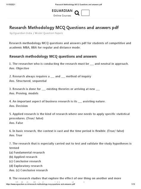 research methdology multiple choice exam with answers Reader