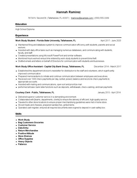 resume examples for work study