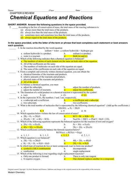 review chemical equations and reactions answer key Doc