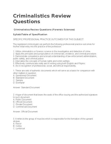 review questions and answers for criminalistics Reader