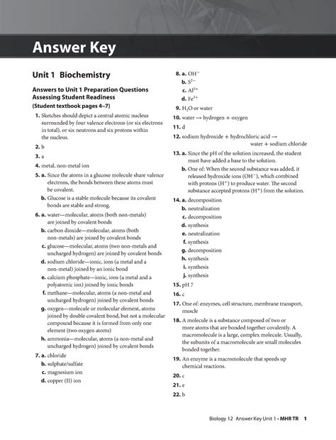 review unit 1 biochemistry answers PDF