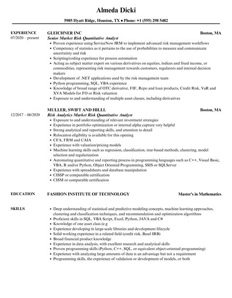 risk quant resume