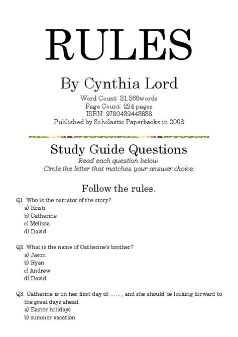 rules by cynthia lord study guide PDF