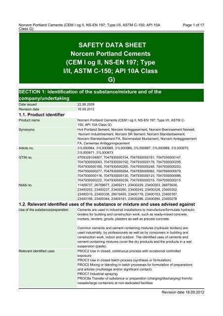 safety data sheet norcem portland cements cem i og ii PDF