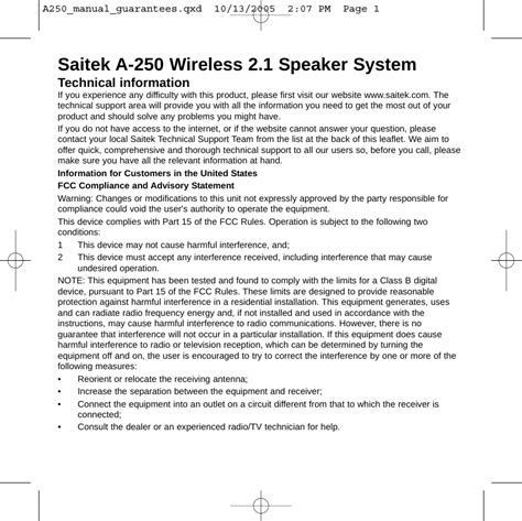 saitek a 250 speaker systems owners manual PDF