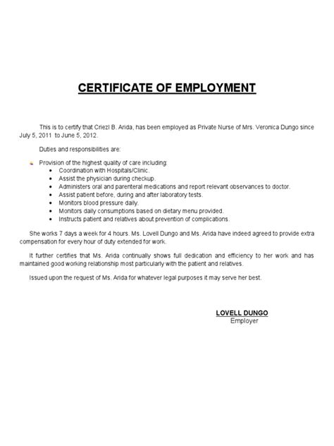 sample certificate of employment for nurses PDF