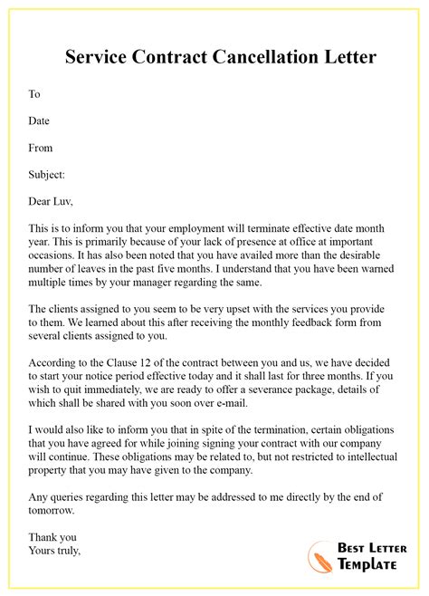 Sample Contract Cancellation Letter Template