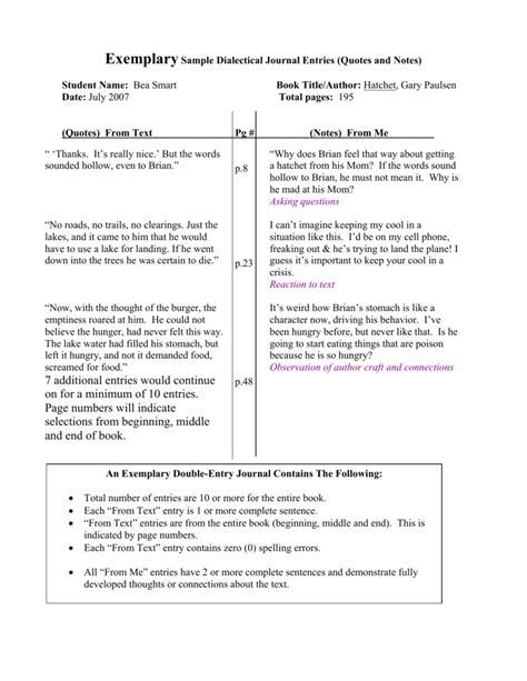 sample dialectical journal entries Doc