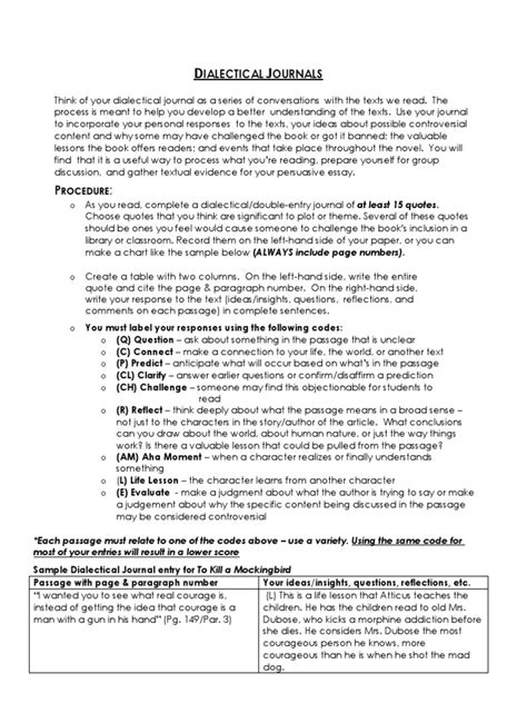 sample dialectical journal for to kill a mockingbird Doc