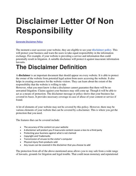 sample disclaimer letter of non responsibility Epub