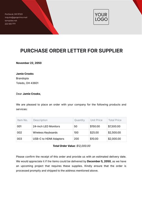 sample letter new purchase order Doc