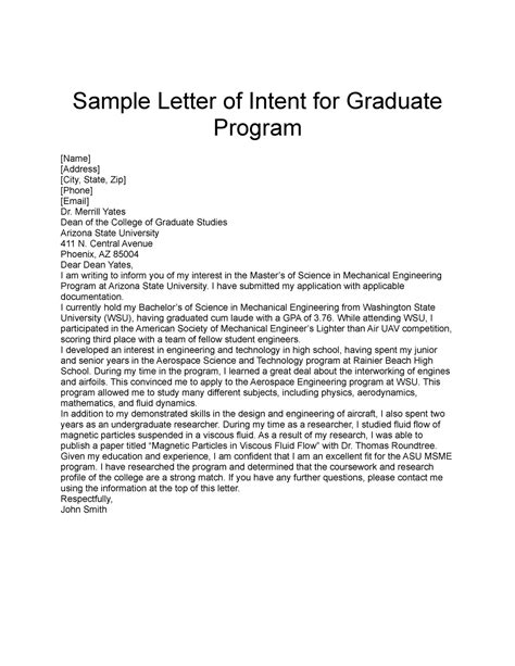 sample letter of intent for graduate program