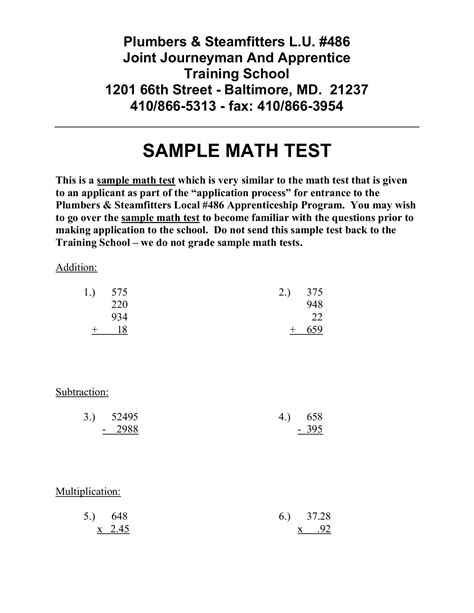 sample math test plumber and steamfitters Doc