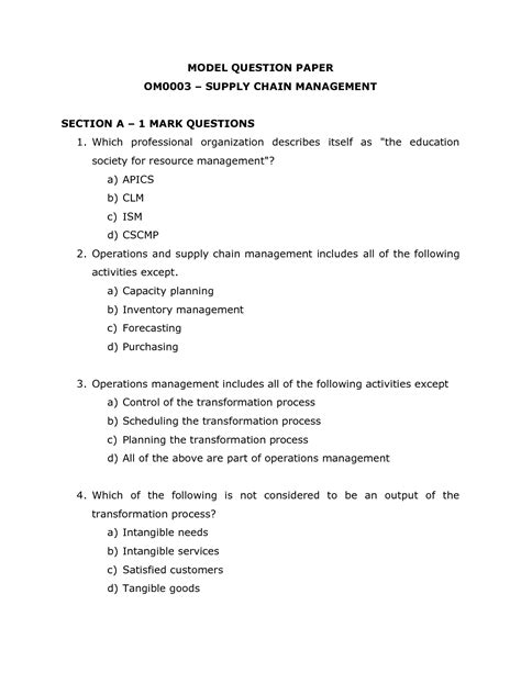 sample question paper for supply chain management Reader