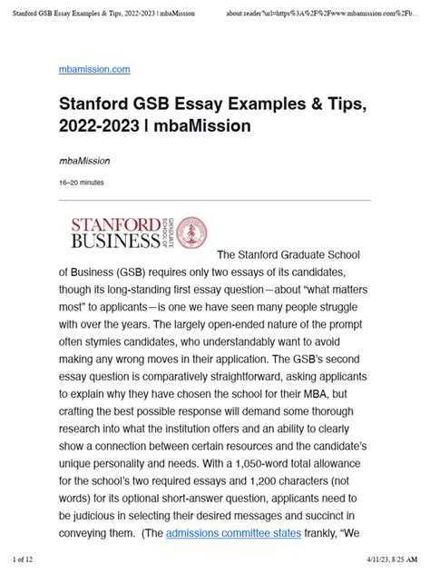 sample stanford gsb essay Kindle Editon