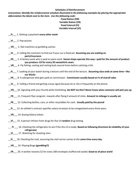 schedules of reinforcement worksheet with answers Epub