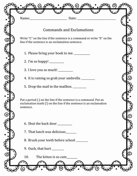 second grade comms exclamations worksheets PDF