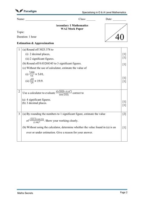 secondary 1 maths exam paper 2012