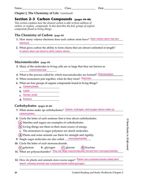 section 2 3 carbon compounds worksheet answers PDF