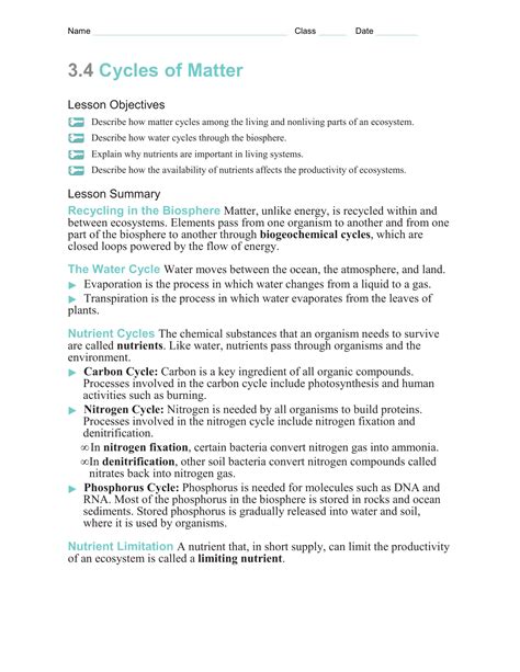 section 3 3 cycles of matter worksheet answers Doc