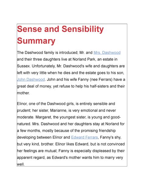 sense and sensibility plot summary