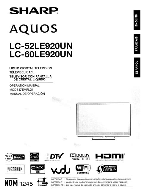 sharp lc 52le920un tvs owners manual Epub