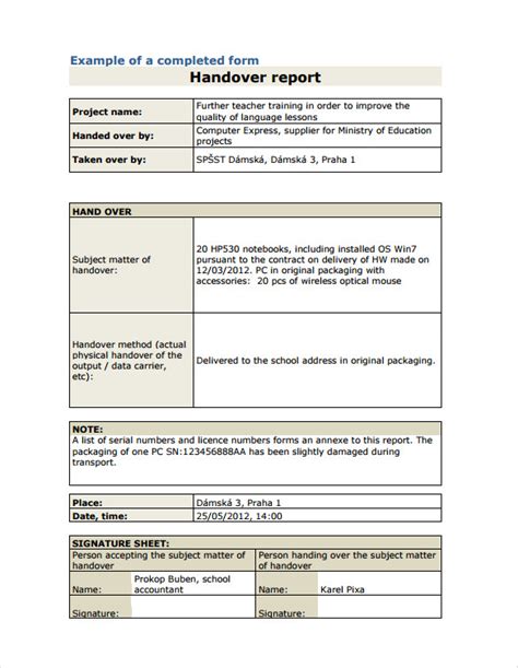 shift handover sample document template PDF