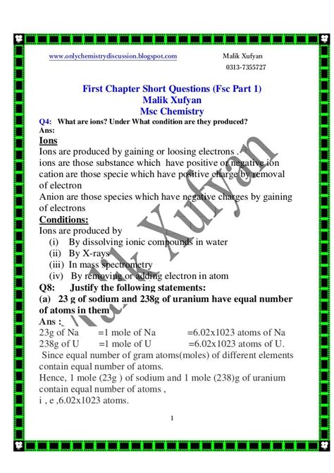 short questions answers of first year chemistry Reader