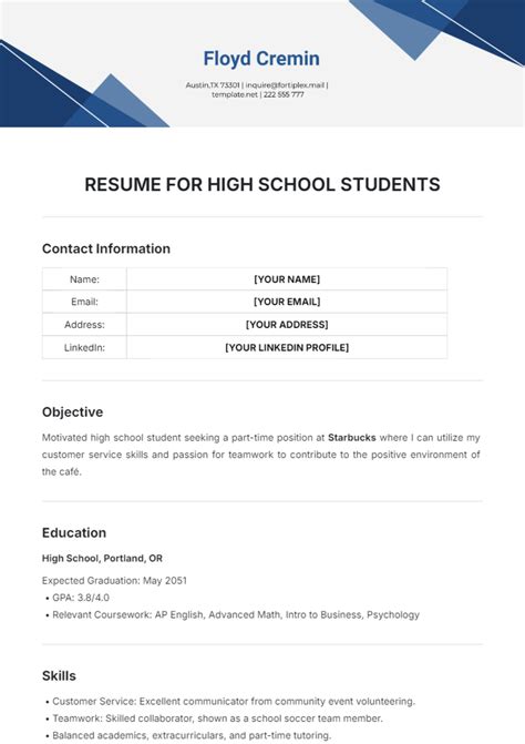 Simple Resume Template For High School Students