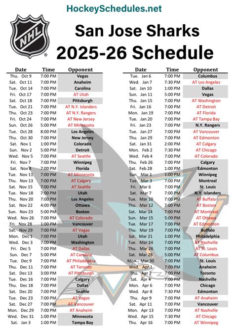 Sj Sharks Printable Schedule