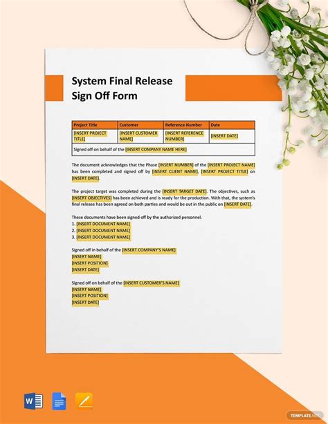 software project release sign off document template PDF