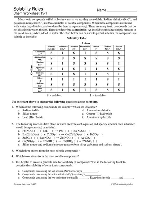 solubility rules chem worksheet 15 1 answers Doc