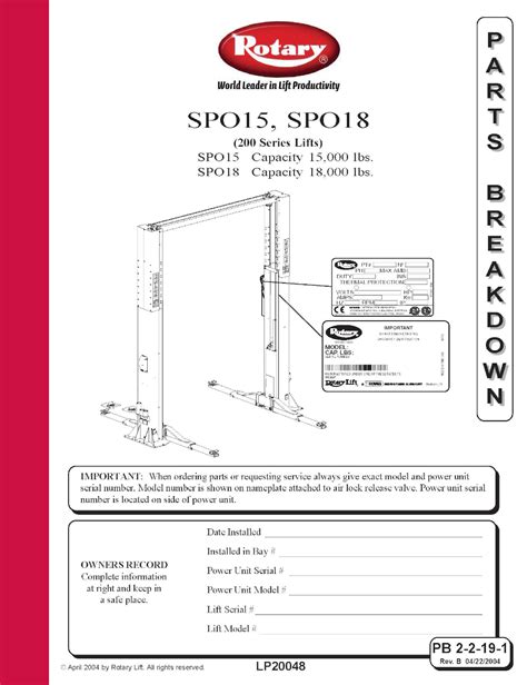 sp018 rotary lift manual PDF