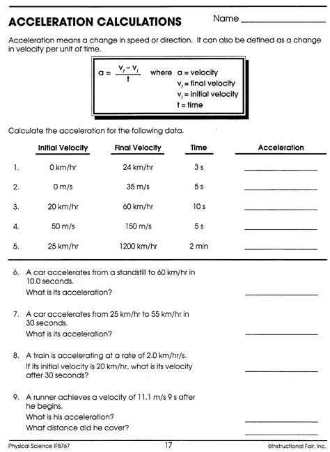speed velocity and acceleration calculations worksheet