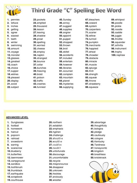 spelling bee words for 3rd graders