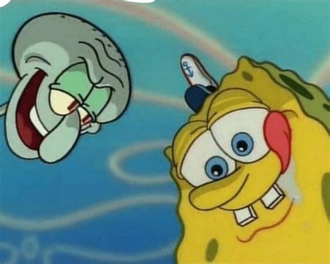 spongebob and squidward looking at pizza