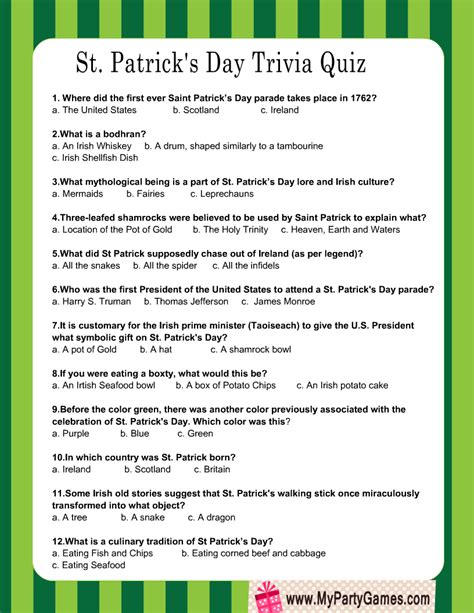 St Patrick S Day Quiz Printable