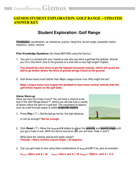 student exploration sheet answer golf range gizmo Doc