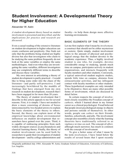 student involvement a developmental theory for higher PDF