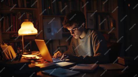 A dedicated student engrossed in late-night study, surrounded by textbooks and a laptop, illustrating the perseverance required for academic success and diligent loan management.