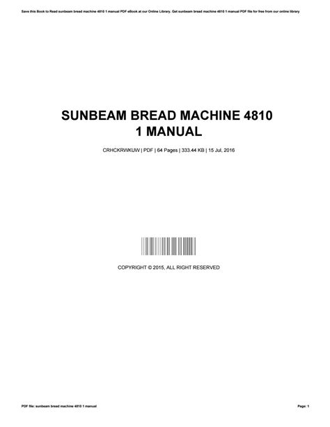 sunbeam 4810 breadmaker manual Kindle Editon