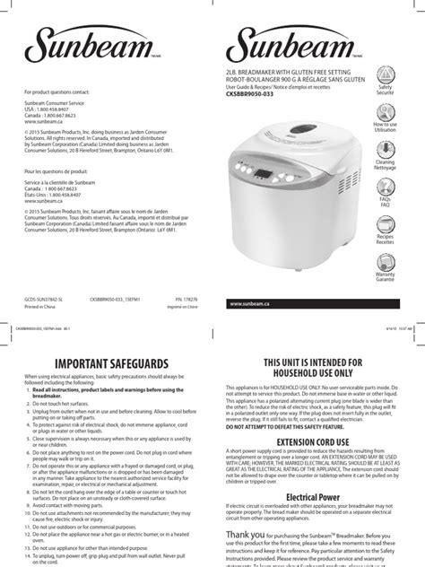 sunbeam bread maker instructions PDF