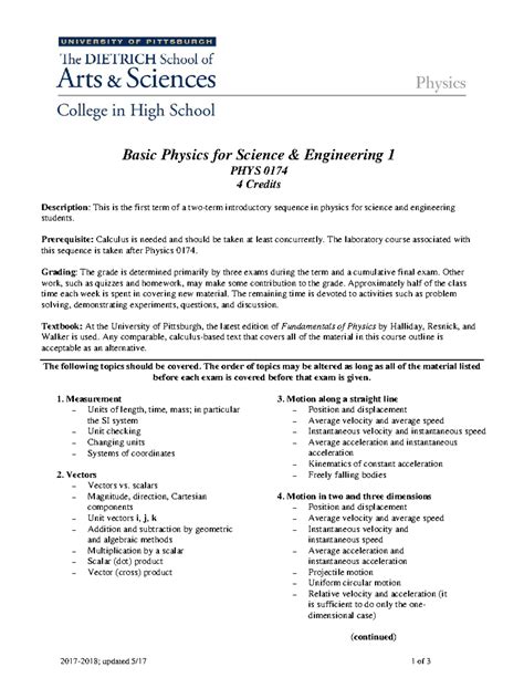 syllabus for phys 0174 basic physics for science and engineering 1 Kindle Editon