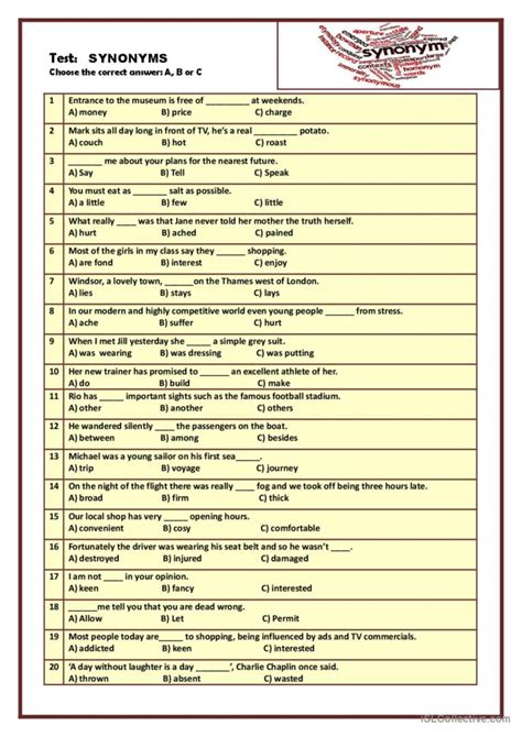 synonyms test with answers PDF