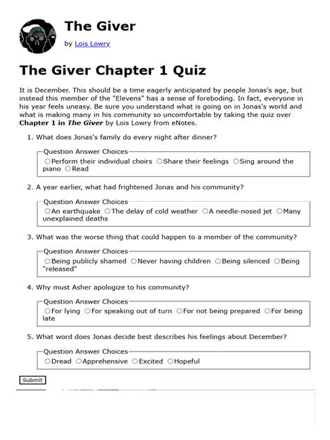 the giver chapter test PDF