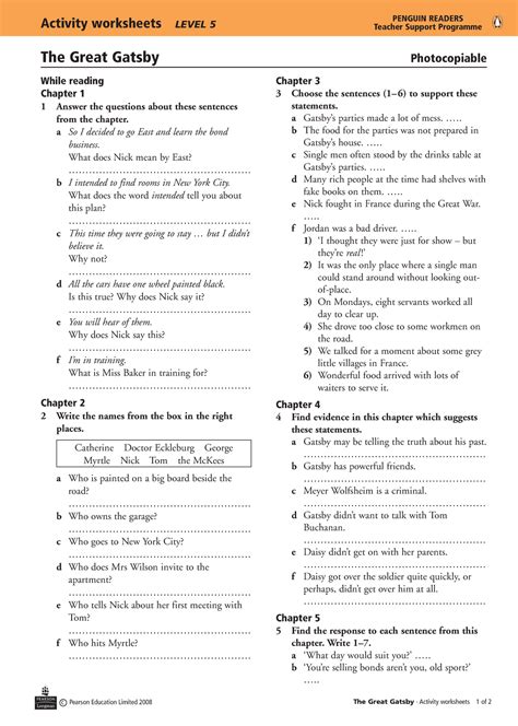 the great gatsby activity worksheet level 5 answers PDF